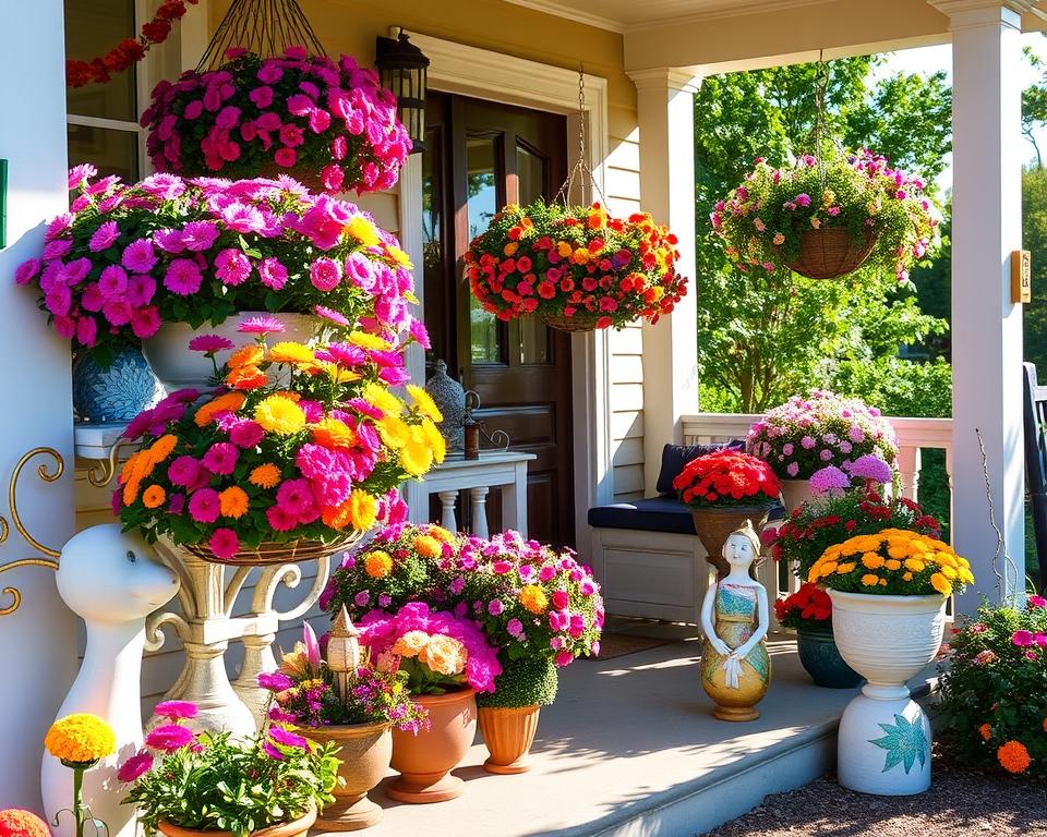 Blumenkörbe und Gartenkunst auf der Veranda